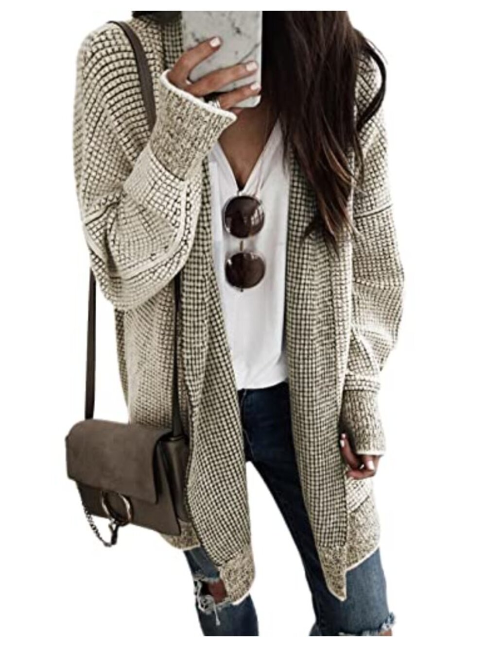 Womens Plaid Open Front Cardigan Oversized Chunky Knit Sweater Coat